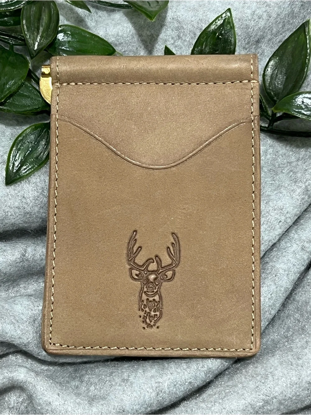 Brown Leather Money Clip Whitetail Card Wallet with Stamped Stag Design